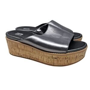 FitFlop Eloise 8 Gunmetal Silver Slide Sandal Leather Cork Comfort Coastal